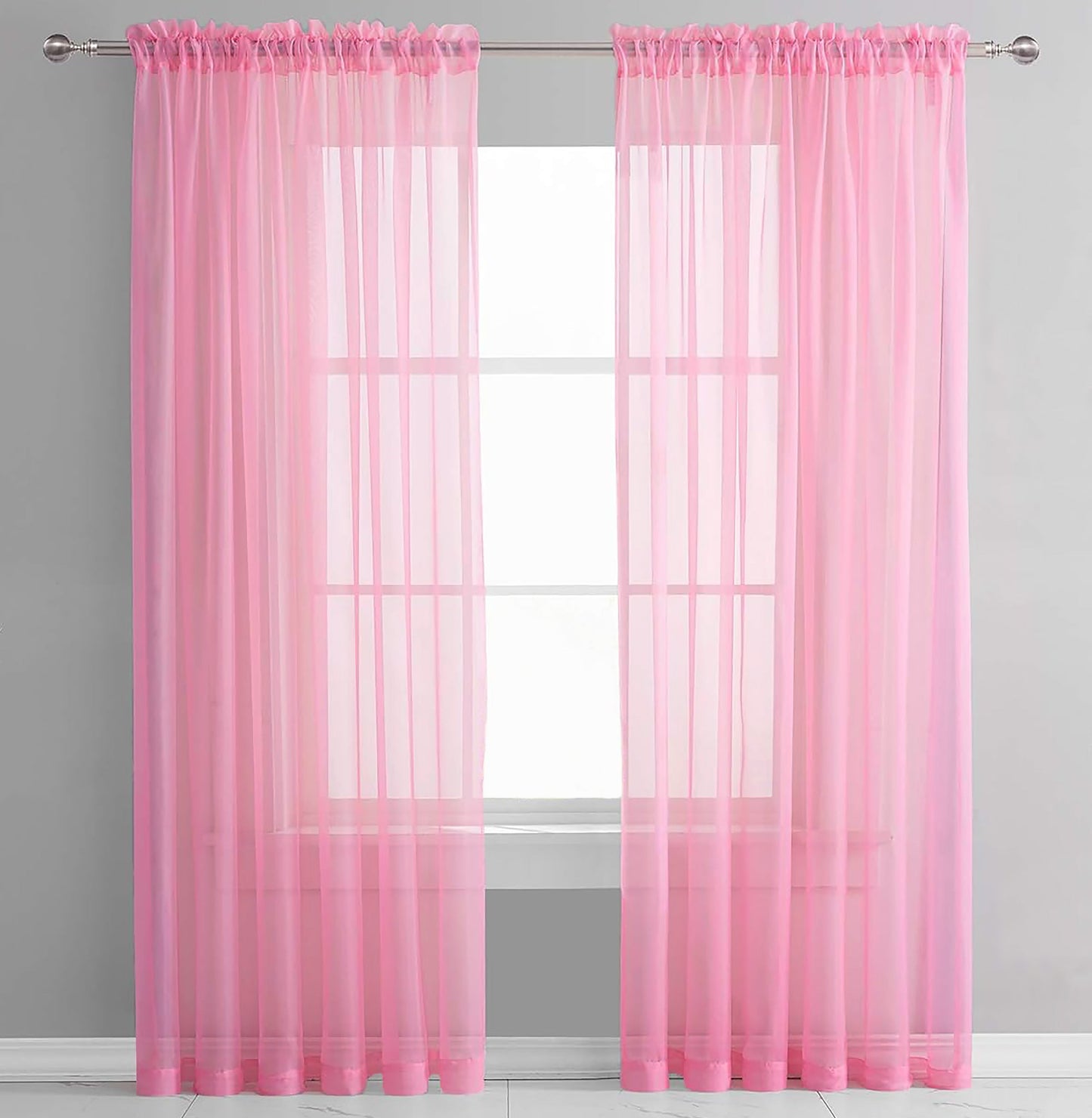 63" Inches Long -  Light Pink Sheer Window Rod Pocket Curtain Set (2 Panels)