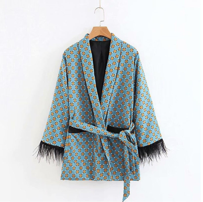 EtherealBe Vintage feather sleeve kimono set - Silk Belted
