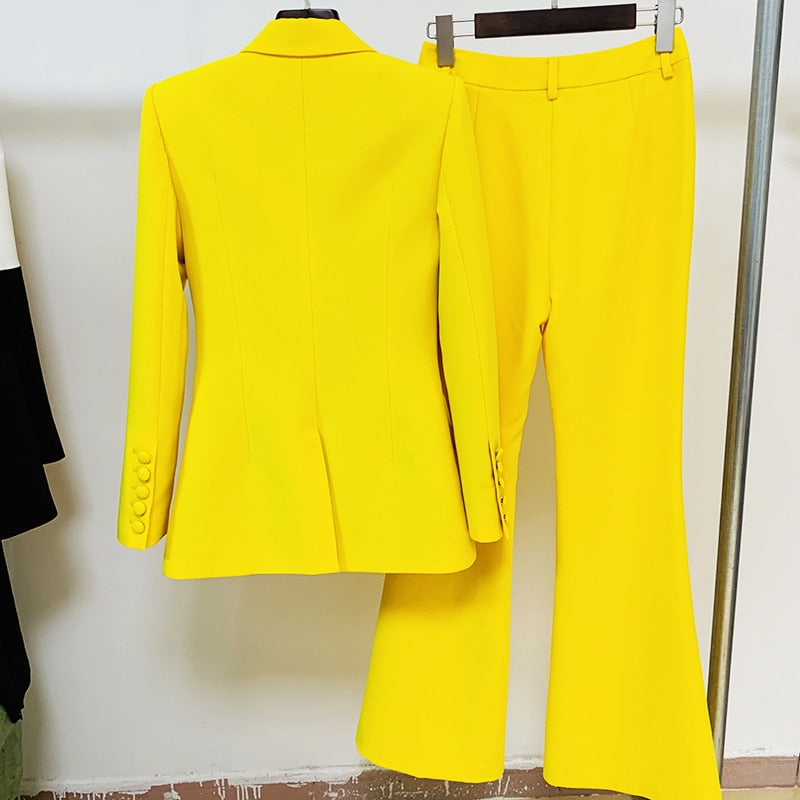EtherealBe Yellow flare pants blazer set for women Tailored