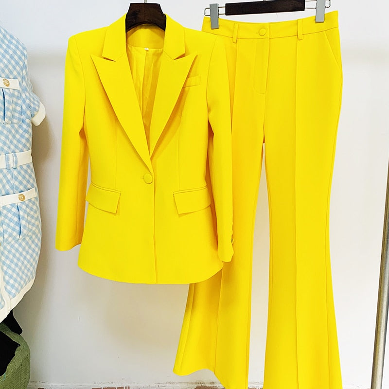 EtherealBe Yellow flare pants blazer set for women Tailored