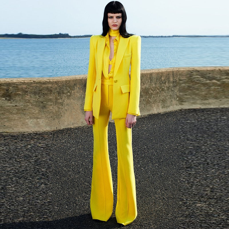 EtherealBe Yellow flare pants blazer set for women Tailored