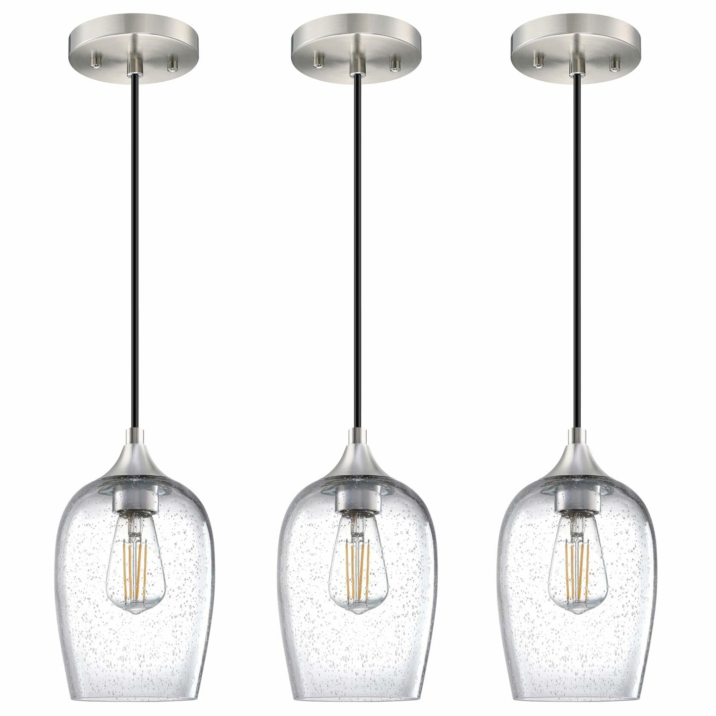 3 Pack Globe Pendant Light 5.1" Clear Seeded Glass Brushed Nickel Modern