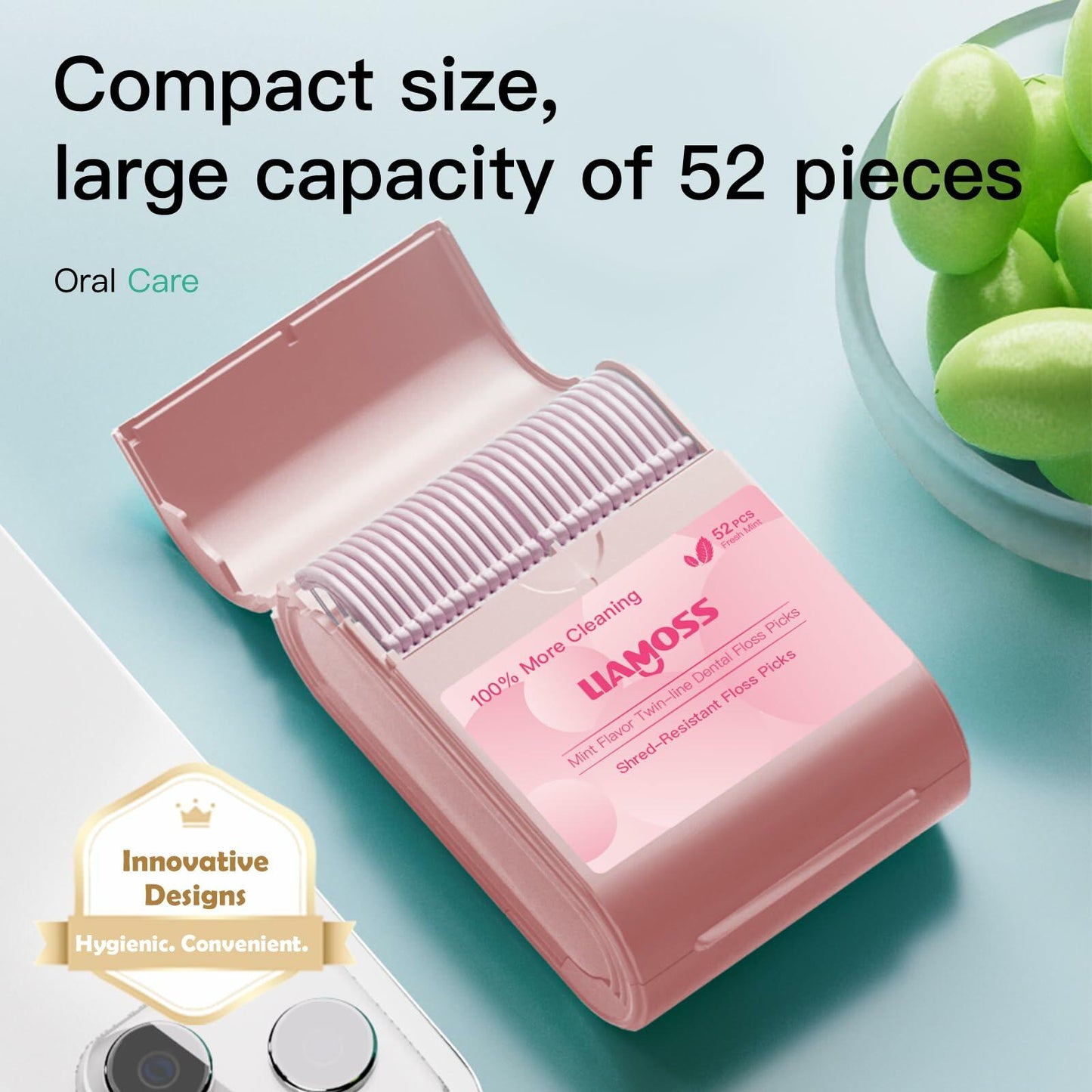 LIAMOSS Twin-Line Dental Flossers 104 Count Pink Shred Resistant Picks