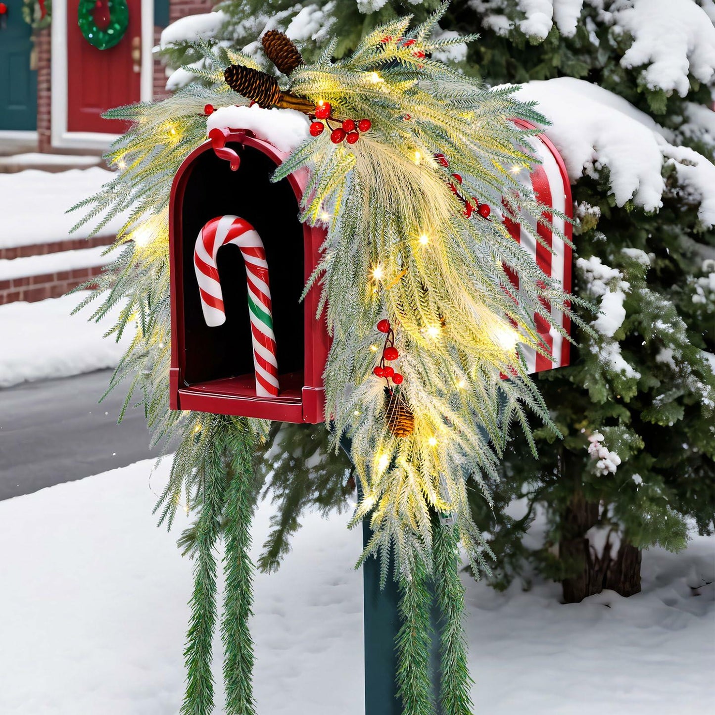 Chuangdi 36" Prelit Christmas Mailbox Swag Wreath with Pine Cones & Red Berries