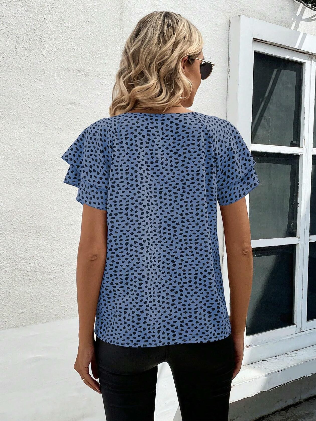 SOLY HUX Women's Ruffle Short Sleeve Blouse Casual Round Neck Blue Black Size S