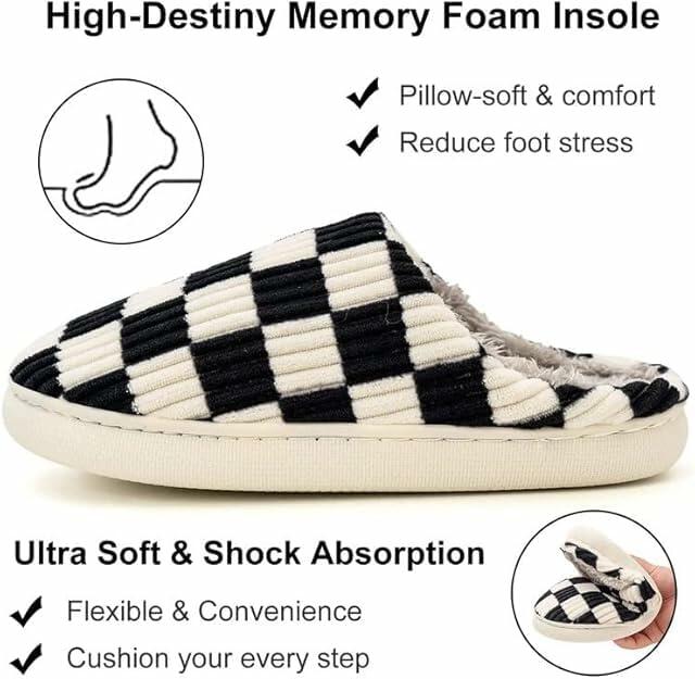 kissxiaoya Unisex Plaid Memory Foam House Slippers Black Size 4-4.5