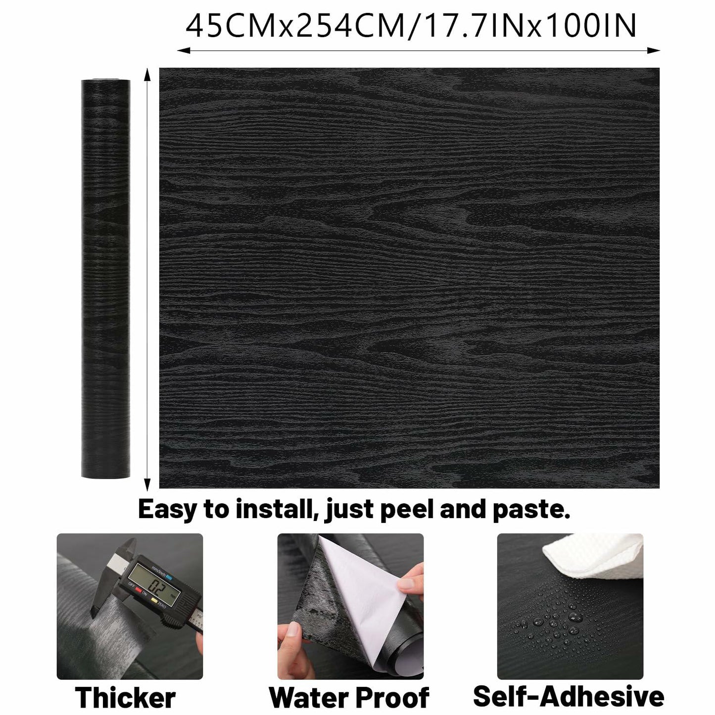 LOVADA Peel and Stick Black Wood Wallpaper 17.5x100 Inch Self Adhesive