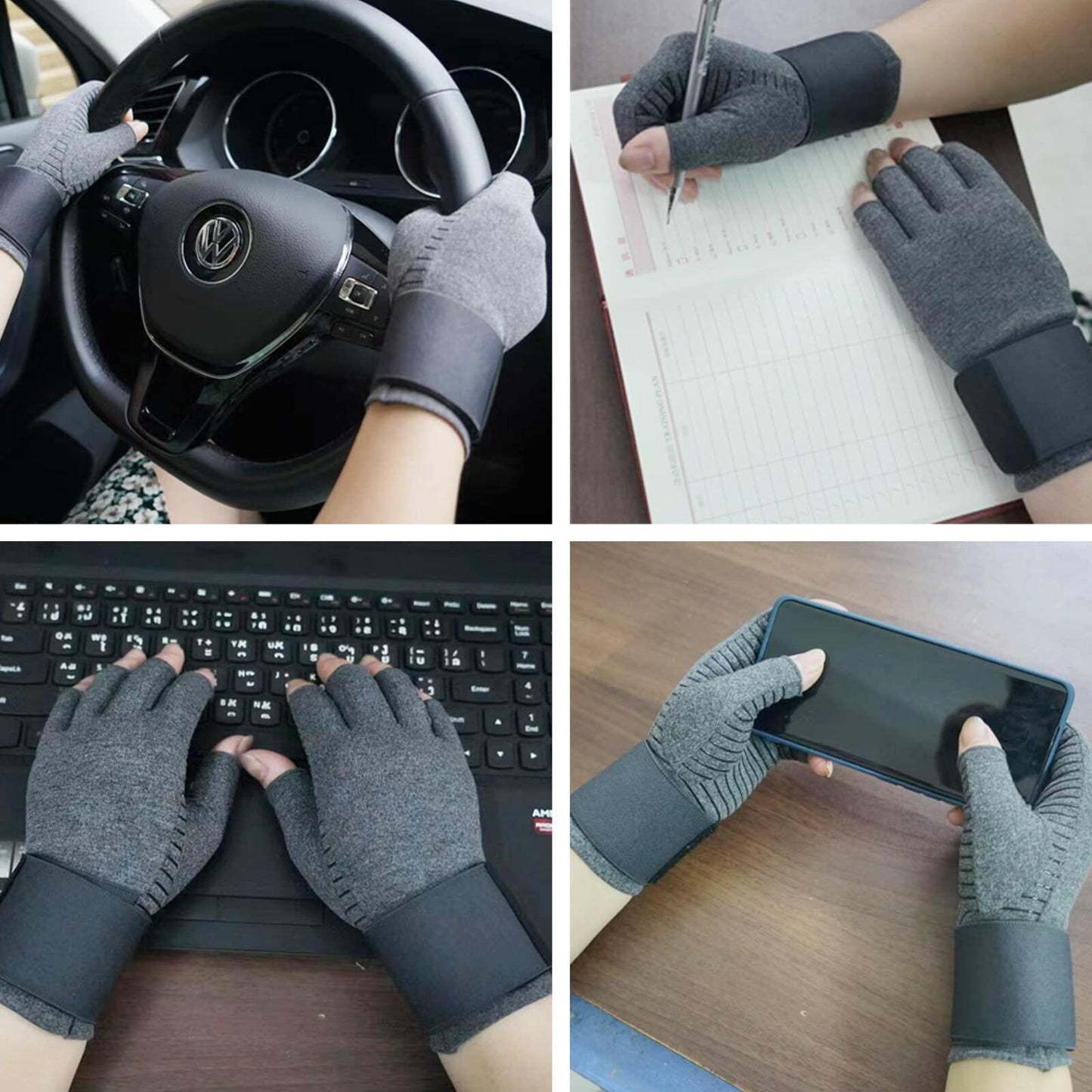 VigorGlove Copper Fit Arthritis Gloves Adjustable Belt Anti-Slip Black 2 Pairs M
