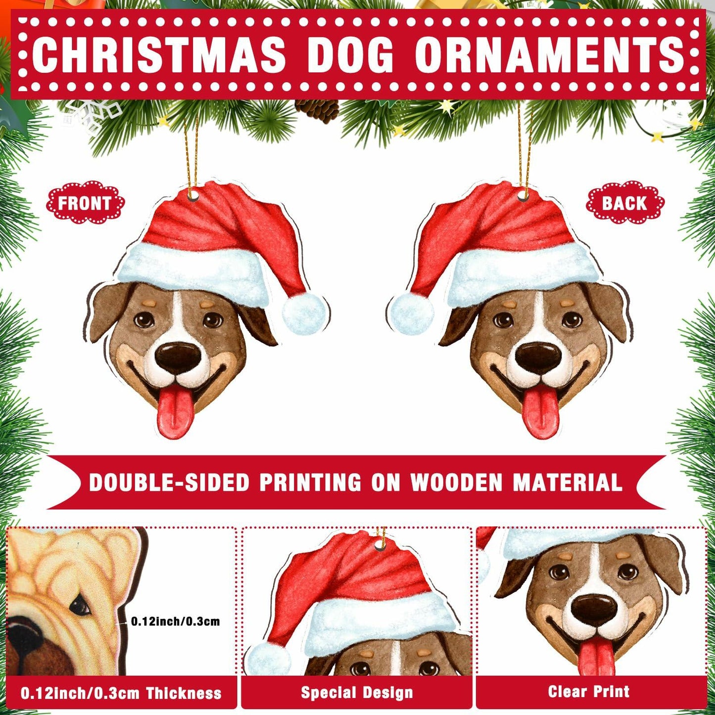 Thyle 24 Pc Dog Christmas Ornaments Wood Puppy Hanging Gold Rope Xmas