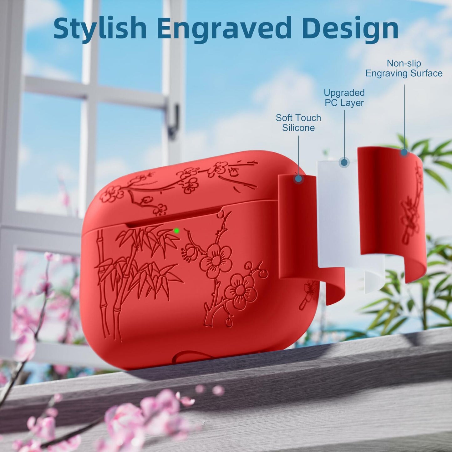 Odbeai AirPods Pro 2nd Gen Case Flower Engraved Soft Silicone Blue Cover