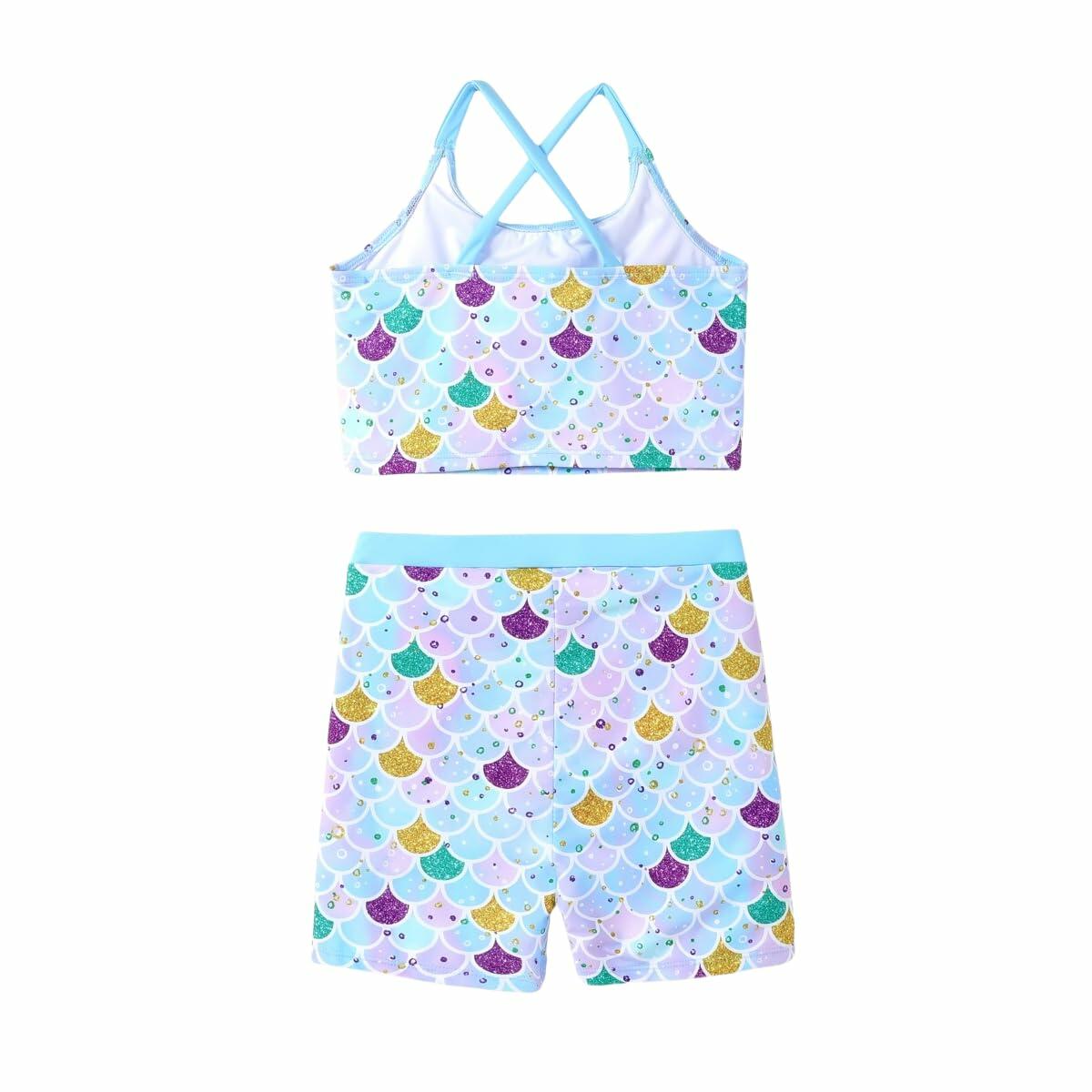 PATPAT Girls 2-Piece Tankini Swimsuit Set Sky Blue Fish Mermaid Size 10-11