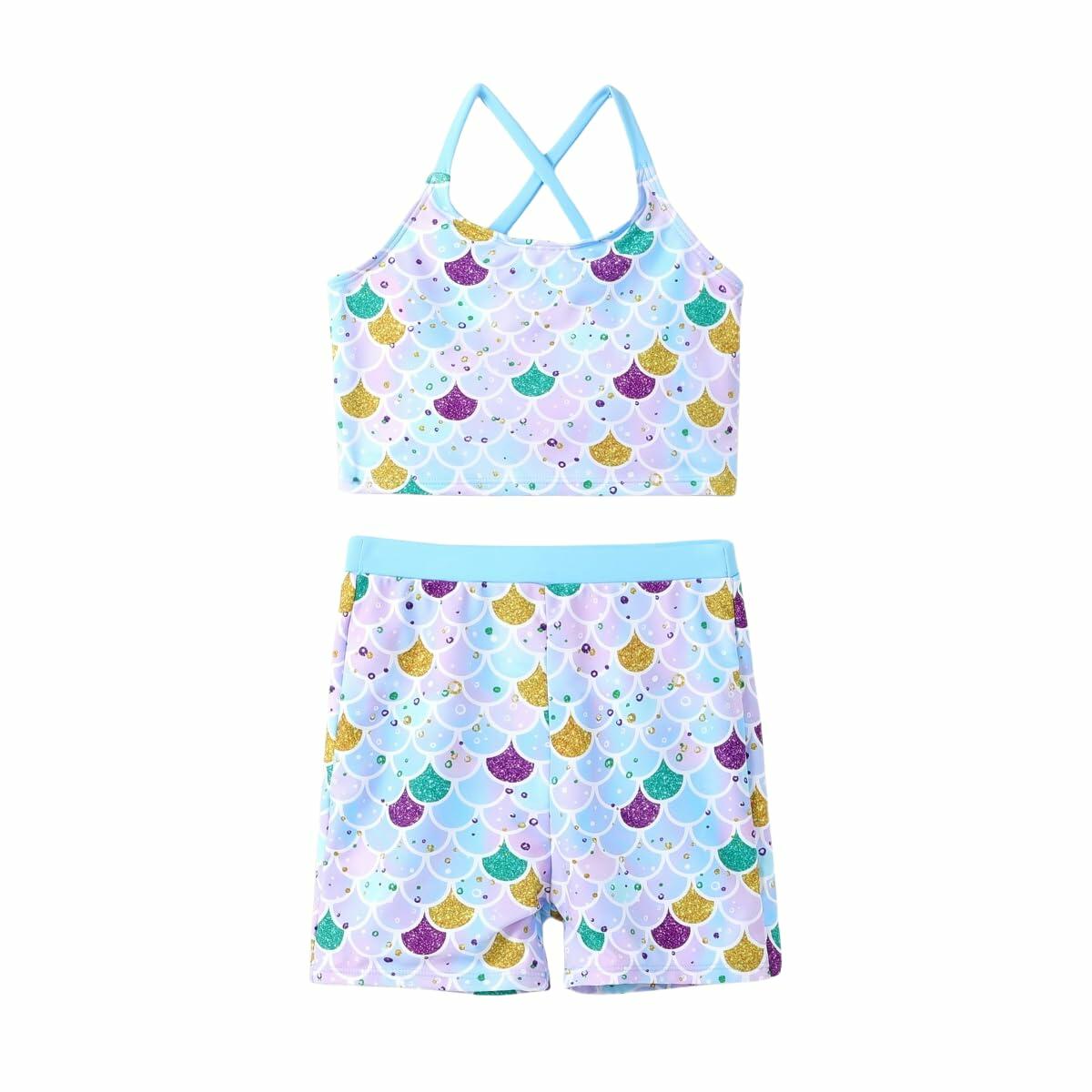 PATPAT Girls 2-Piece Tankini Swimsuit Set Sky Blue Fish Mermaid Size 10-11