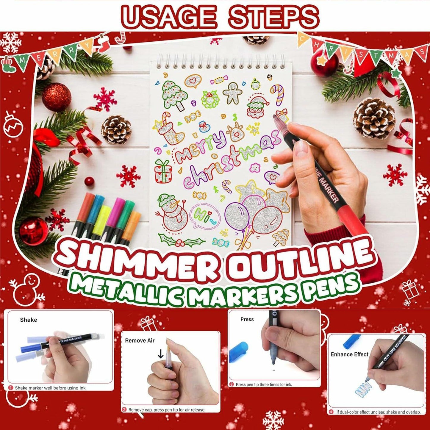 YIJHLHB 12 Color Metallic Outline Markers Double Line Glitter Paint Pink