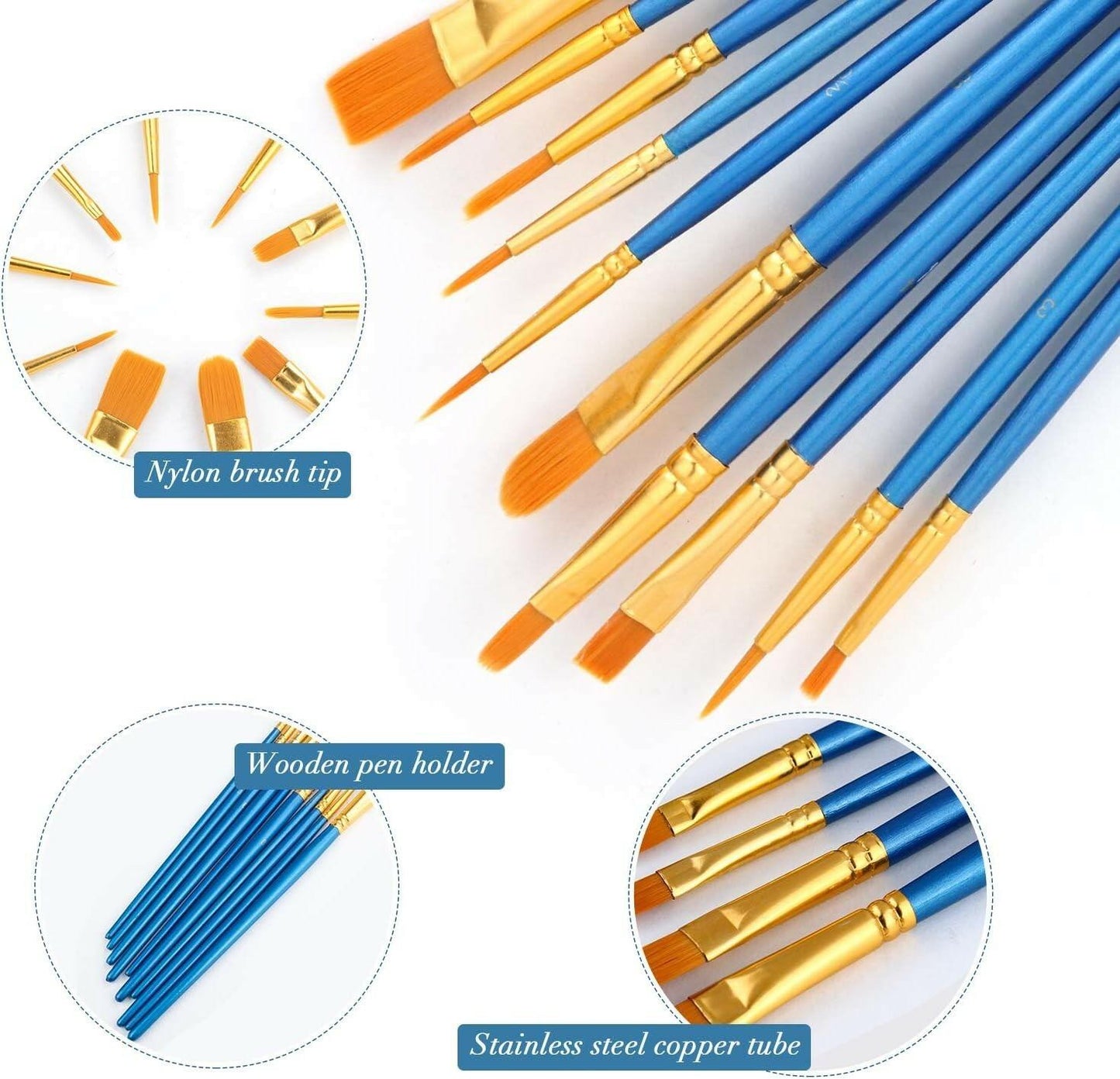 AROIC 10 Pcs Acrylic Paint Brush Set Nylon Hair Watercolor Oil Paint