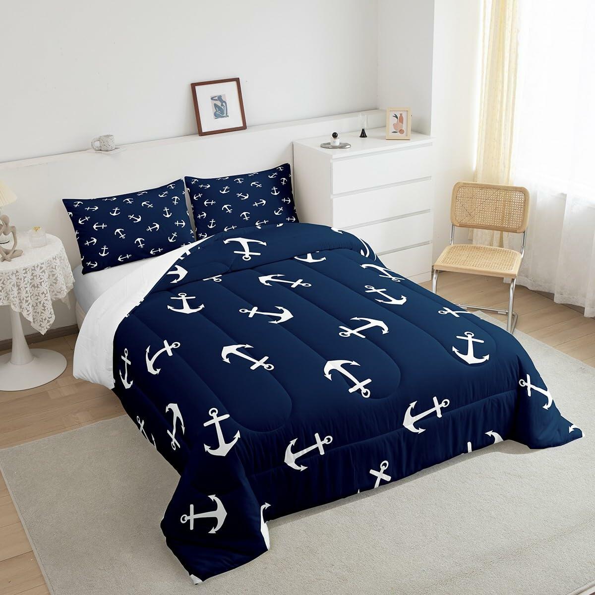 Manfei Anchor Comforter Set Nautical Navy Blue 2pcs Twin Size
