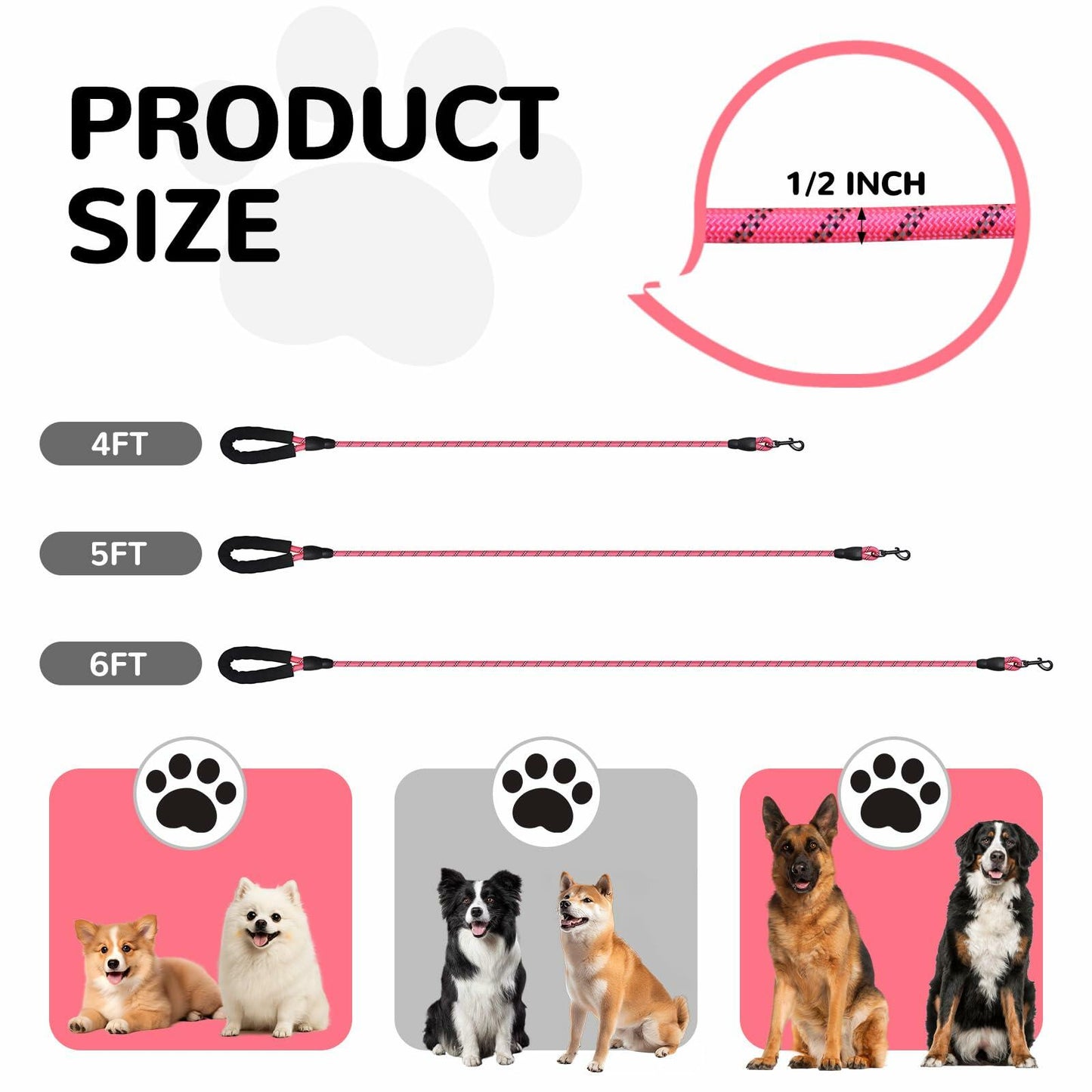 YALAVA Dog Leash 5FT Heavy Duty Reflective Nylon Rope Pink Padded Handle