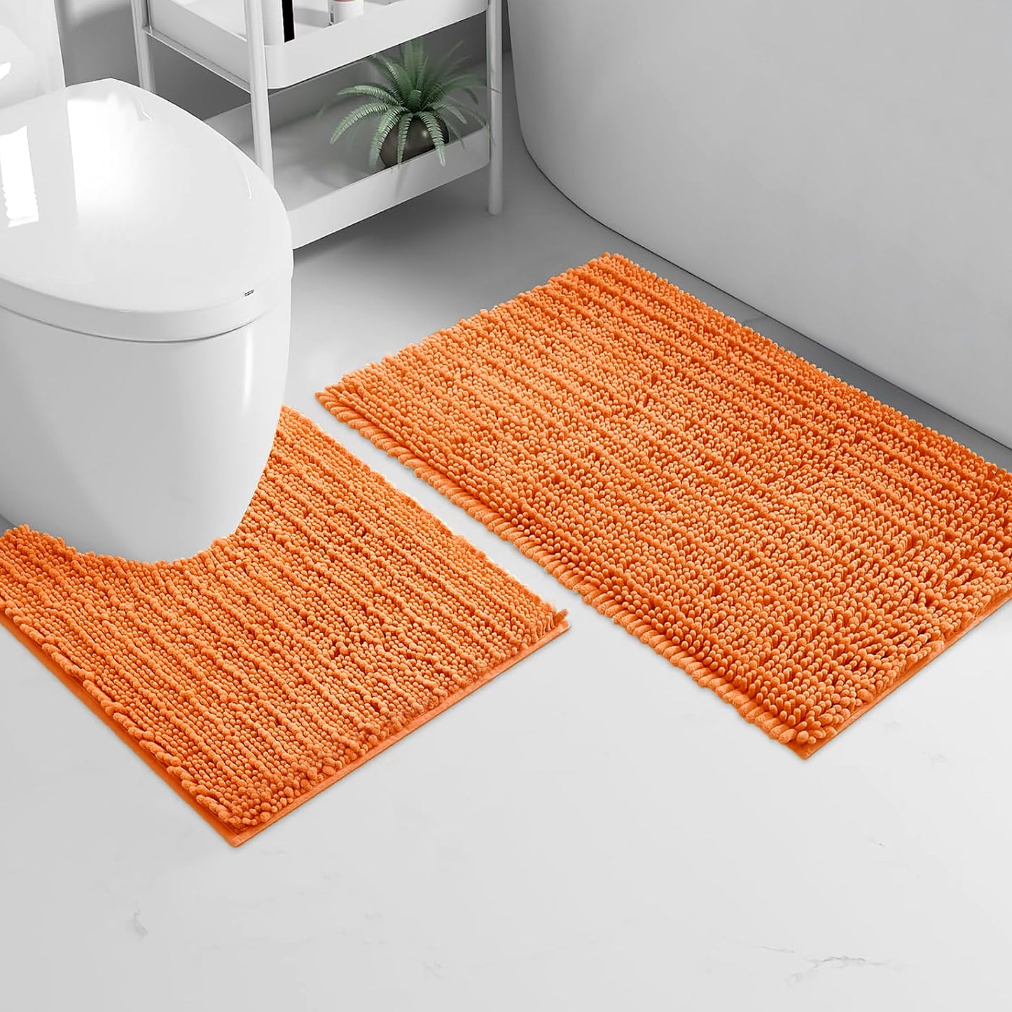 2 Piece Set Orange Soft Cozy Plush Chenille Bath Mat Bathroom Rug