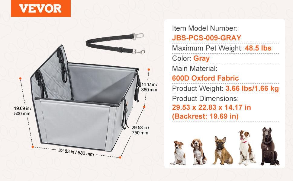 VEVOR Dog Car Seat Waterproof Dog Booster Seat Pet Car Seat with Clip-On Safety Leash PP Cotton Car Bed for Medium & Large Dog