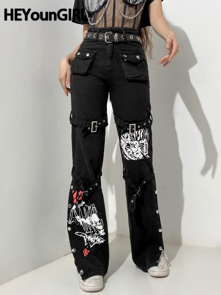 EtherealBe black mall goth cargo pants women - Buckle Straps