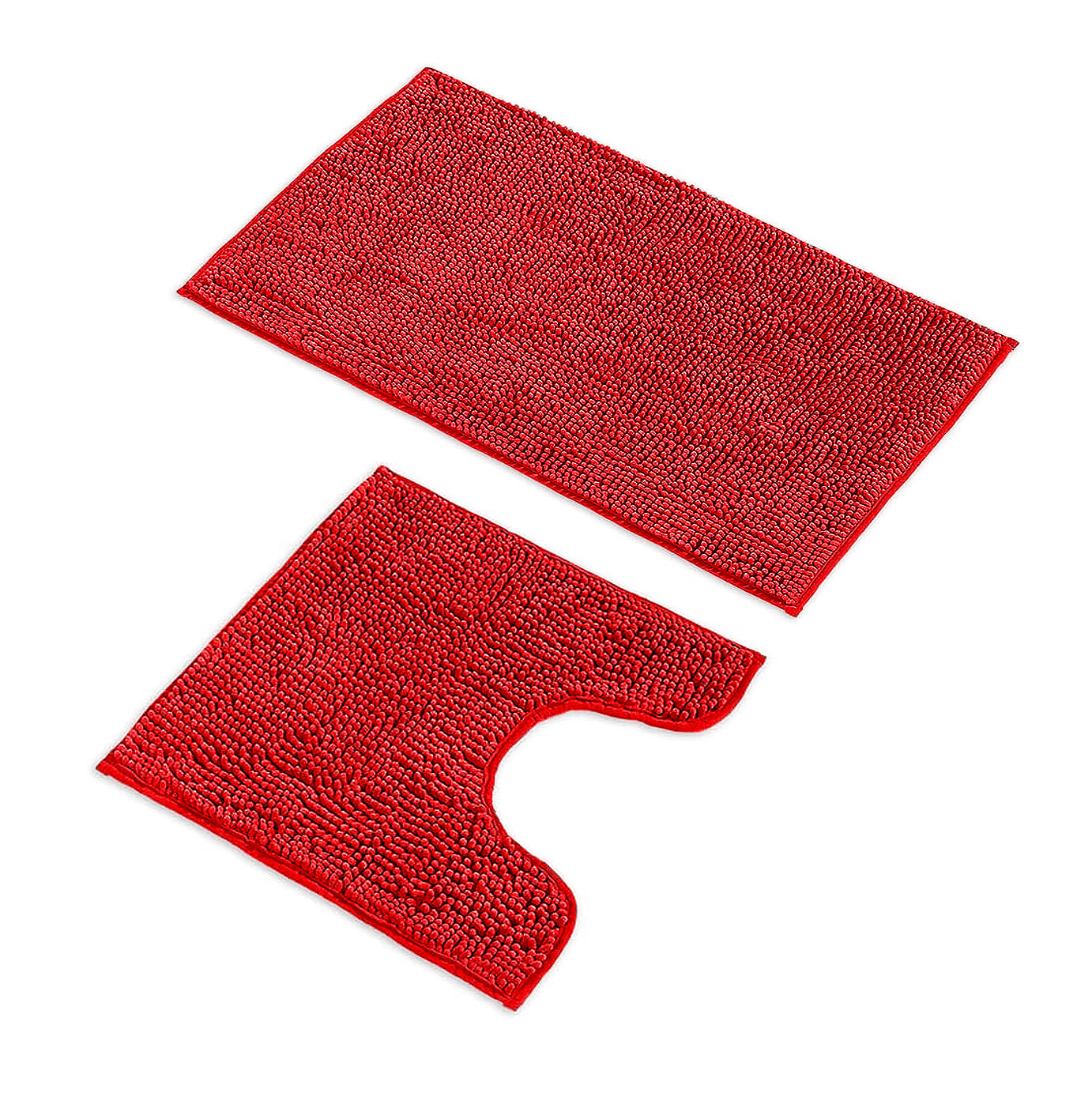 2 Piece Set Red Soft Cozy Plush Chenille Bath Mat Bathroom Rug