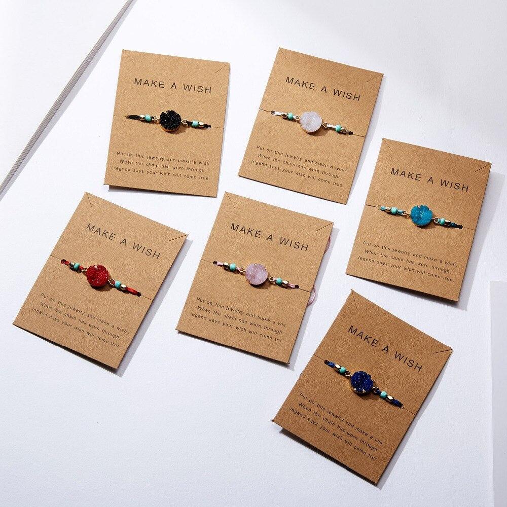 Simple Stone Charm Bracelet Colorful Black Red String Braided Couple Bracelets Wish Card Jewelry Handmade Woven Thread Rope String Nature Stone Beads Charm Bracelet Cuff Bangles With Message Card 18-30cm