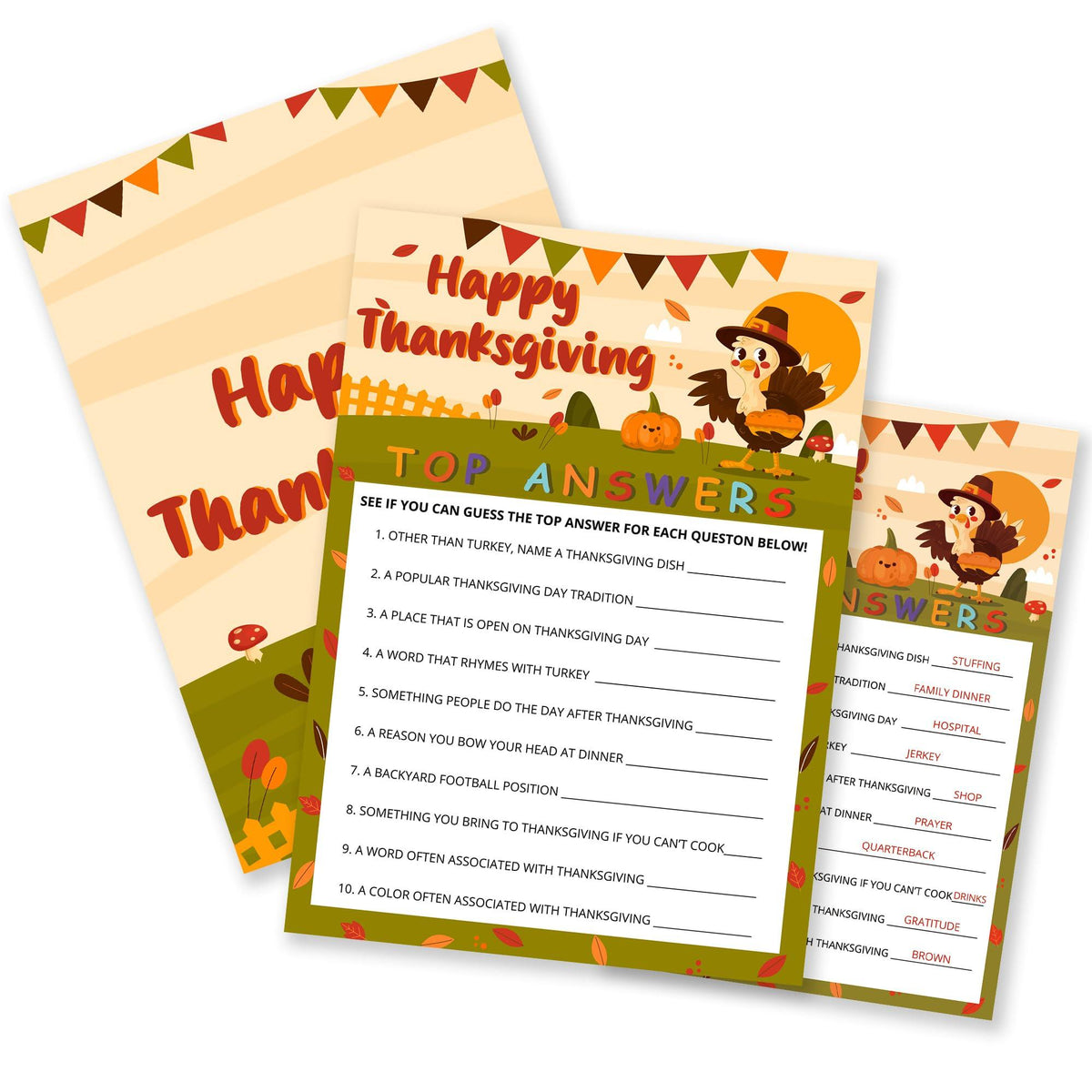 Thanksgiving Top Answers Icebreaker Game Cards, 30 Cards + Answer Card