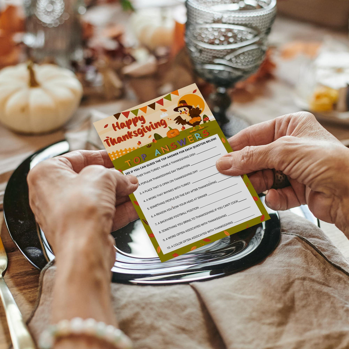 Thanksgiving Top Answers Icebreaker Game Cards, 30 Cards + Answer Card
