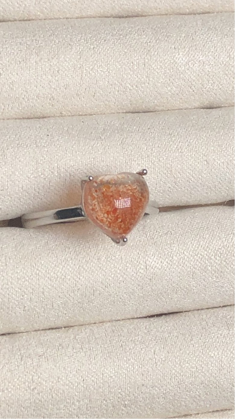 Sunstone Heart Ring – Sterling Silver, Adjustable, Sparkly Glow