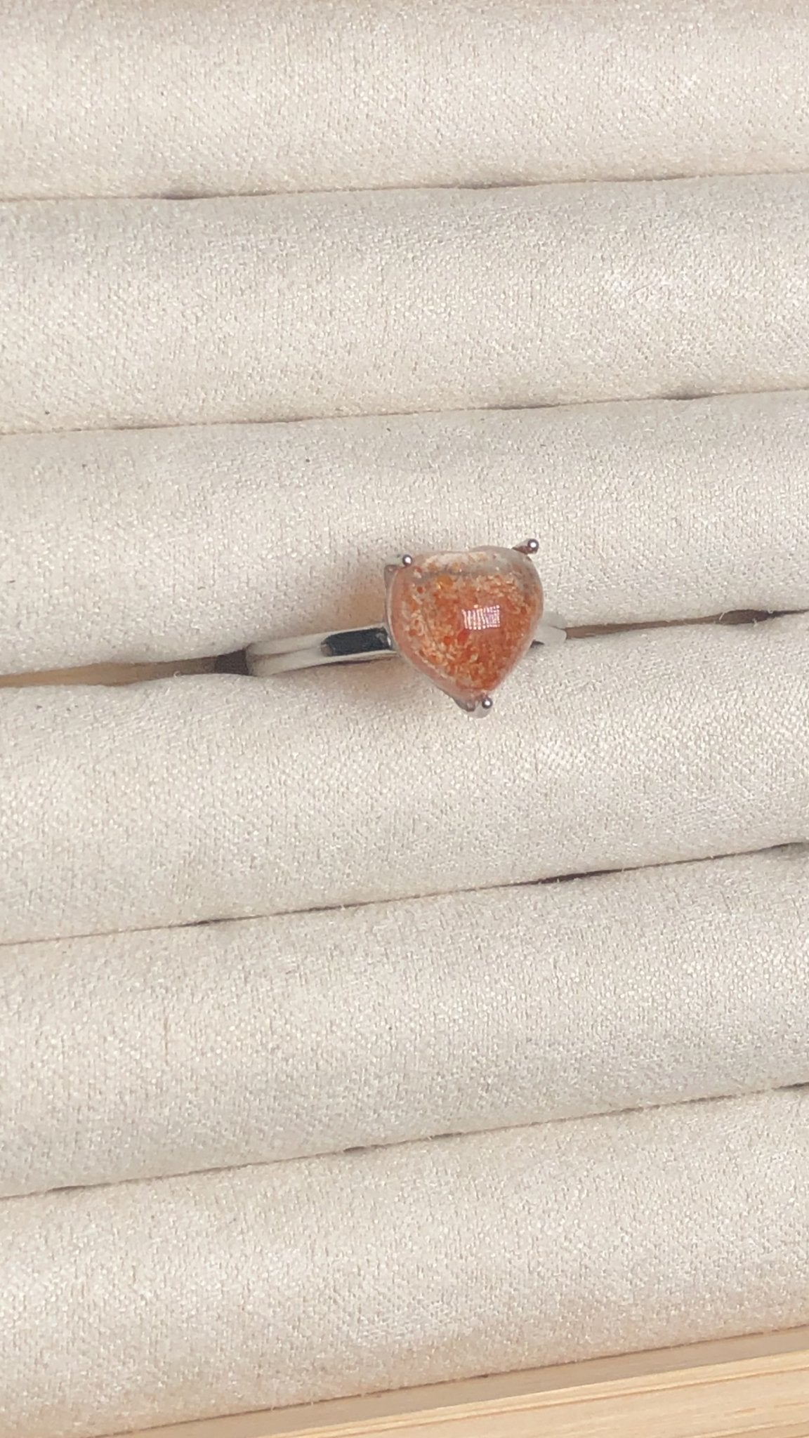 Sunstone Heart Ring – Sterling Silver, Adjustable, Sparkly Glow