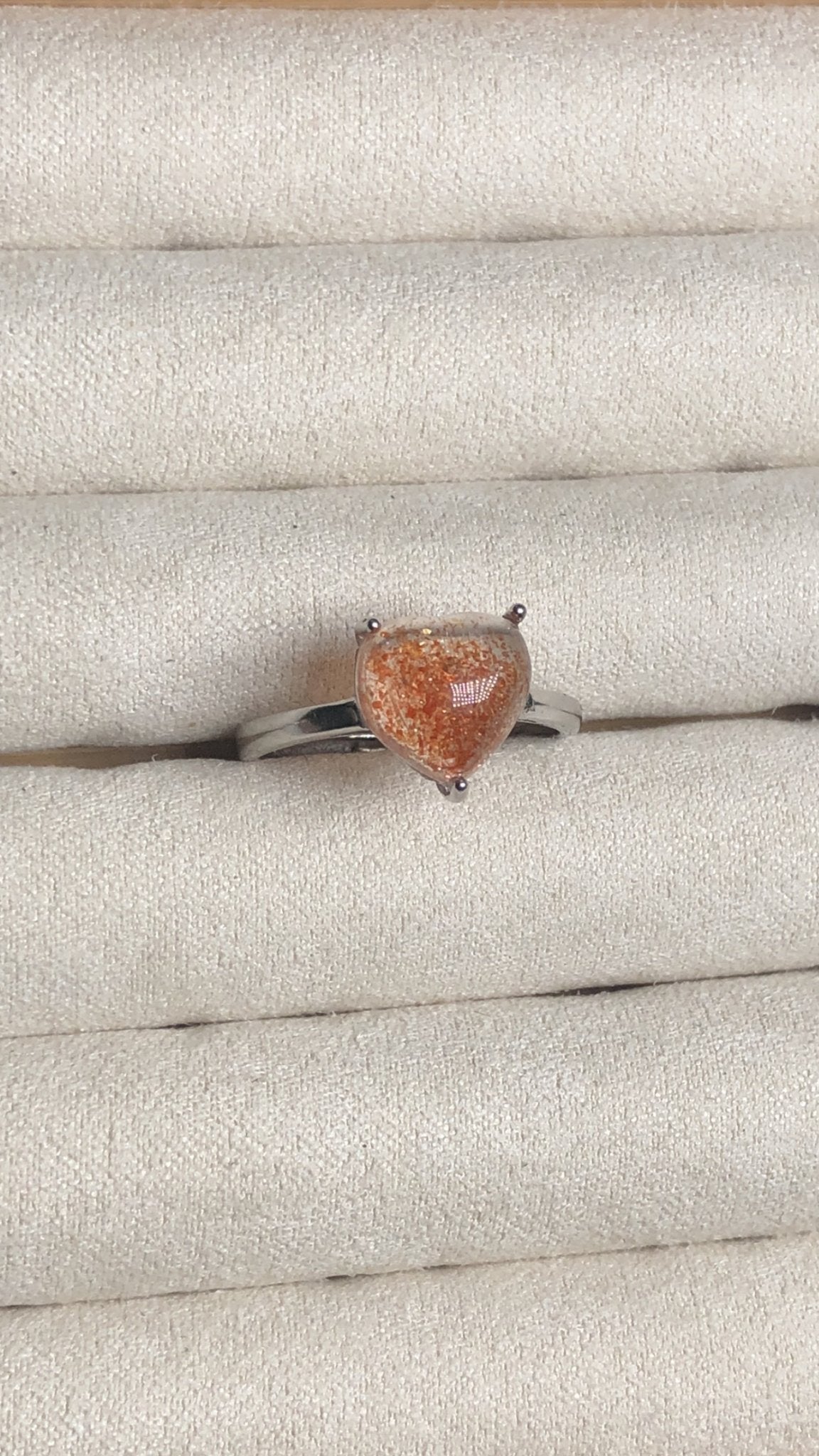 Sunstone Heart Ring – Sterling Silver, Adjustable, Sparkly Glow
