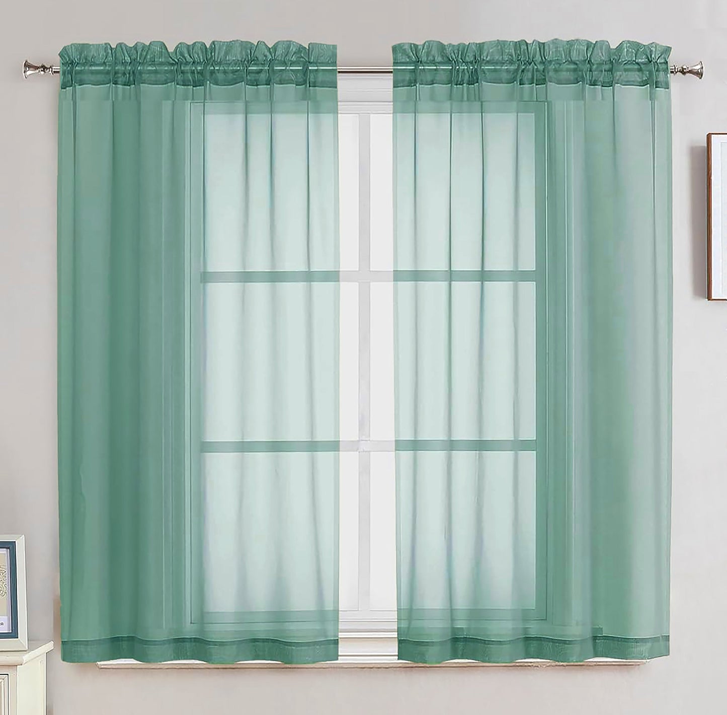 63" Inches Long - Teal Sheer Window Rod Pocket Curtain Set (2 Panels)
