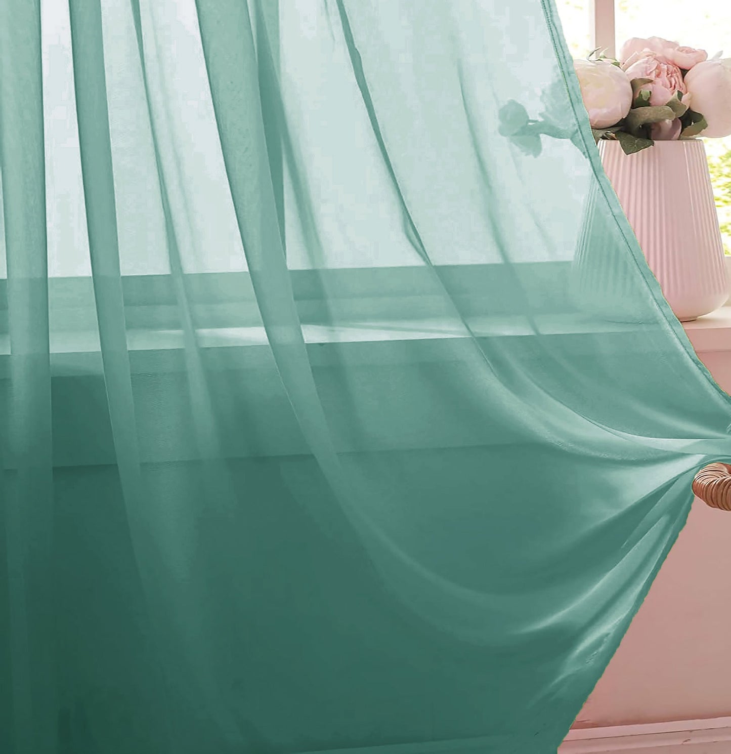 63" Inches Long - Teal Sheer Window Rod Pocket Curtain Set (2 Panels)