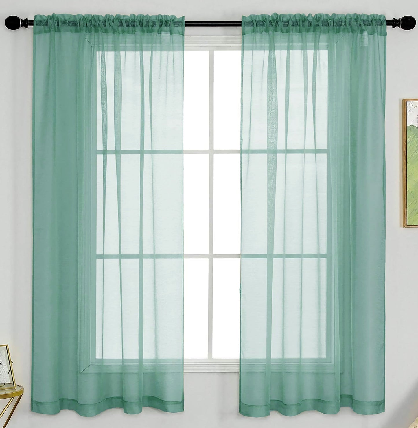 63" Inches Long - Teal Sheer Window Rod Pocket Curtain Set (2 Panels)