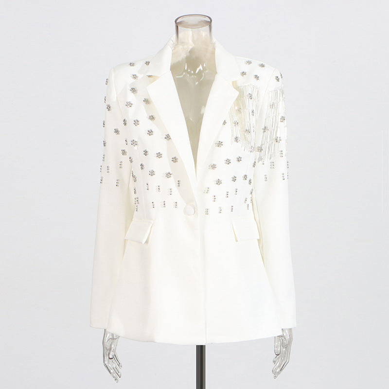 Temperament solid color small suit personality nail diamond tassel design suit jacket for women