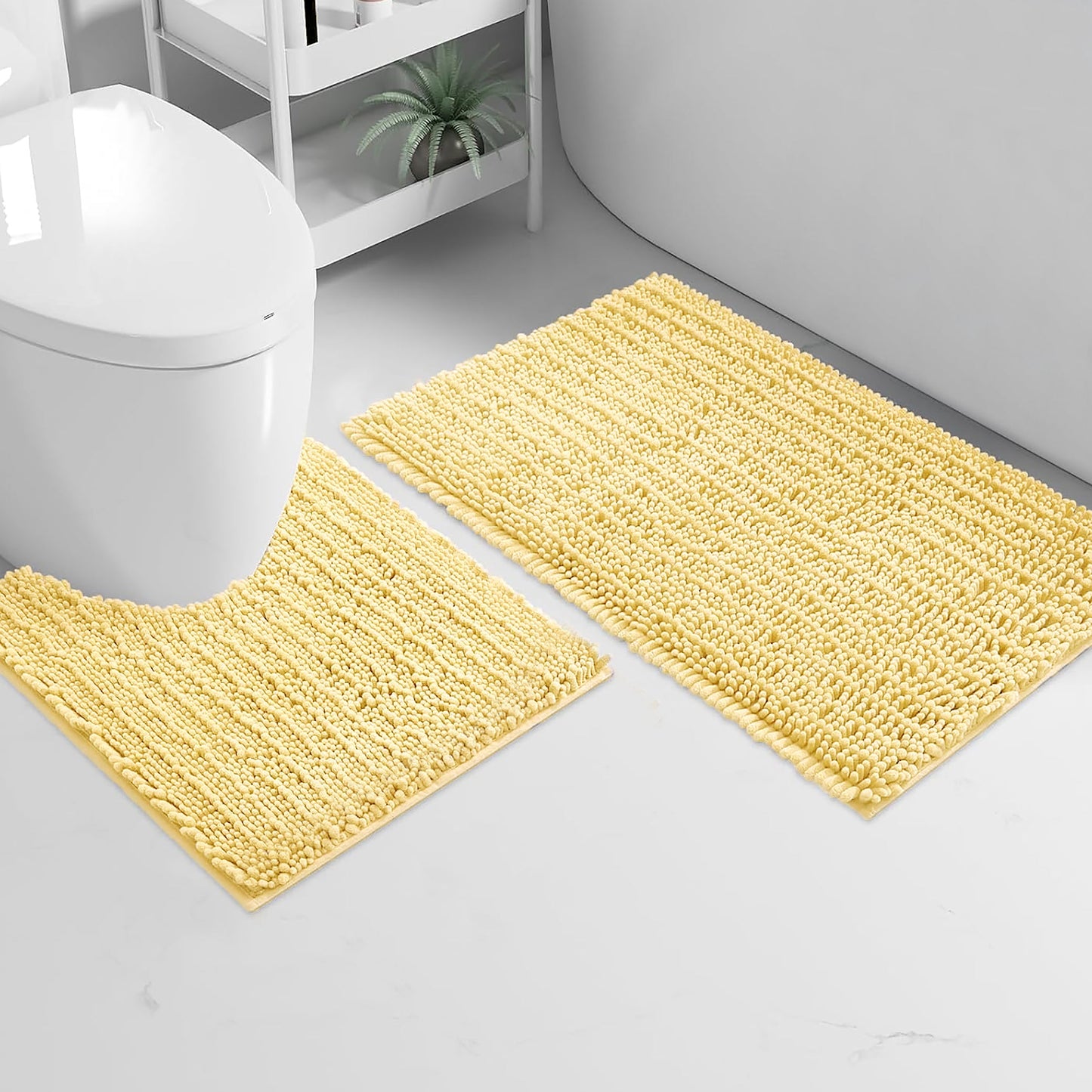 2 Piece Set Yellow Soft Cozy Plush Chenille Bath Mat Bathroom Rug